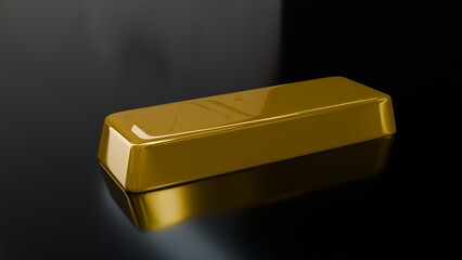 3d gold bar lies on a black glossy background on the theme of business accumulation