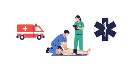 Medical Professionals Performing CPR Next to Ambulance and Star of Life Symbol.