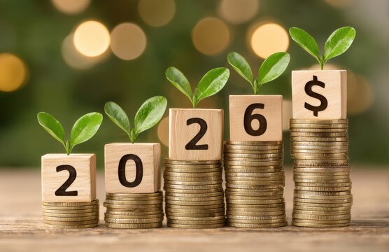 Growing financial success and sustainable investment in 2026, concept of economic growth, money saving, wealth management and green finance represented by coins stacks, wooden blocks and small plants