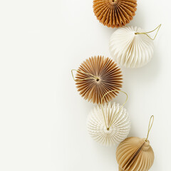 Paper Christmas Ornaments neutral pastel color, hanging New Year decorations as round balls, flashlights, Christmas baubles. Minimal aesthetic holidays pattern, festive top view beige monochrome