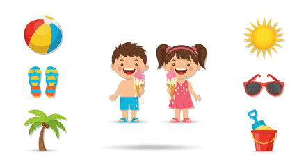 Cheerful cartoon children enjoying summer with beach toys ice cream and sun.
