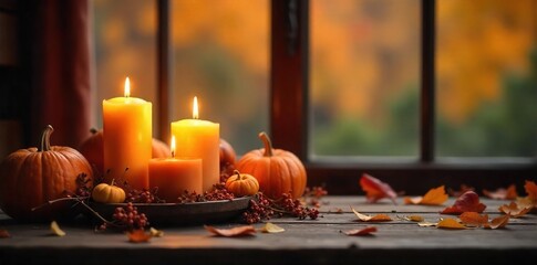 Cozy Autumn Scene Burning Candles, Warm Lighting, and Fall Foliage ? Perfect for Home Decor, Relaxation, and Seasonal Blog Posts