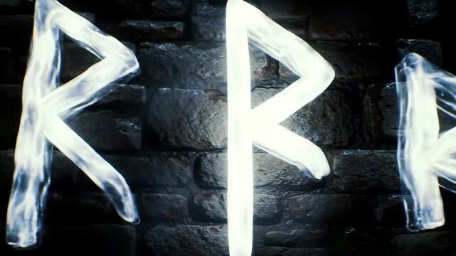 Glowing runes in front of a brick wall, dark background