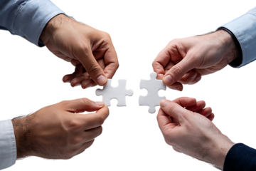 Hands connecting two white jigsaw puzzle pieces for a teamwork solution. Isolated on transparent background, png