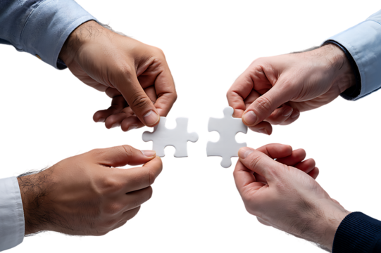 Hands connecting two white jigsaw puzzle pieces for a teamwork solution. Isolated on transparent background, png