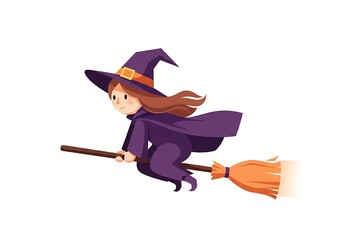 Cute cartoon witch flying on a broomstick illustration