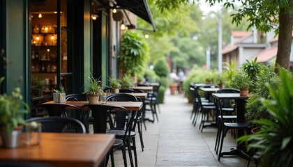 Fototapeta premium Outdoor restaurant patio with tables chairs. Empty cafe terrace with green plants. Summer vibes in city. Cozy inviting space for dining and relaxation under sun.