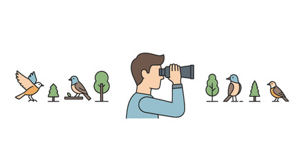 Cartoon Illustration of a Man Birdwatching with Binoculars.