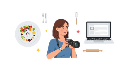 Woman photographer capturing vibrant food and digital content on laptop.