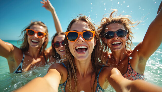 Group of young girls in swimwear have fun. They laugh together in sea water wearing sunglasses. Girlfriends celebrate summer vacation at exotic beach resort. Positive mood and friendship.