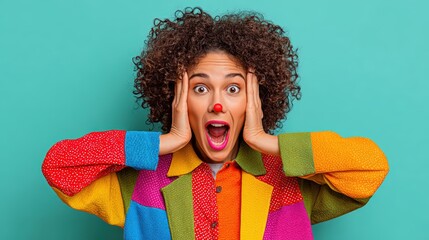 Expressive young woman with curly hair wea colorful sweater showing shock and surprise emotion isolated on turquoise background