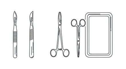 Surgical Instruments: Scalpels Forceps and Tray - Medical Equipment Outline.