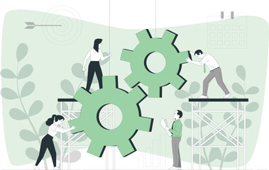 Team of people working together to assemble large gears on scaffolding with a target in background teamwork