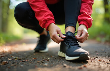 Fototapeta premium A person ties a shoe before a run. The runner is in a forest on a trail. Preparation for physical activity. Close up photo of person in sports clothing tying the lace.