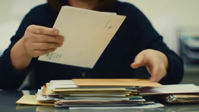 Person sorting through a pile of mail and envelopes at a desk.