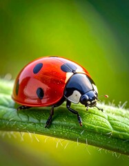 Obraz premium Vivid close-up of a ladybug perched on a green leaf
