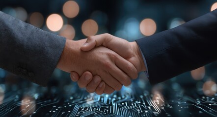 Close-up business handshake between two professionals in suits over digital circuit board, technology partnership and corporate agreement concept with bokeh lights.