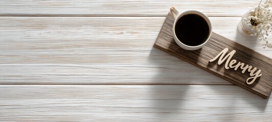 Flatlay background Merry Coffee on Wood.