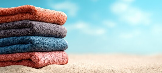 Stacked Towels on Beach.