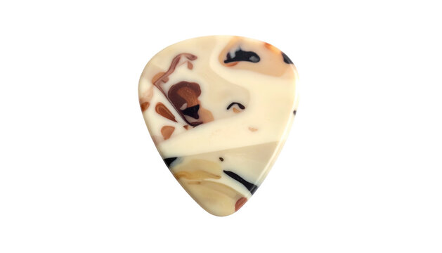 Creamy brown marbled guitar pick against a stark black background