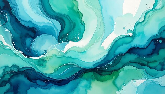Abstract fluid art piece depicting swirling watercolor hues of teal, turquoise, and deep ocean blue. Textured and ethereal