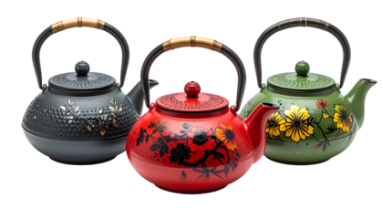 Three ornate cast iron teapots in black, red and green, each with a contrasting handle