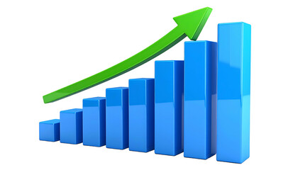 Blue bar graph representing growth, with a green upward arrow over a black background