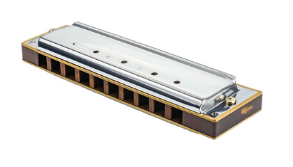 Shiny harmonica with metal covers and dark wood comb, angled