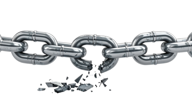 A broken chain links, revealing jagged metal and suggesting severance against a dark backdrop