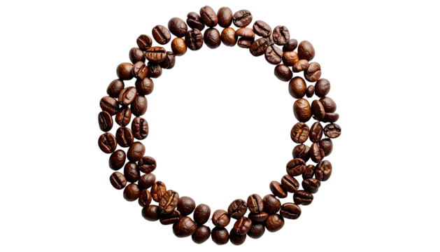 A circle formed from roasted coffee beans, isolated on a black background