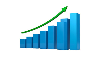 3D blue bar graph with increasing heights, overlaid by a green upward arrow