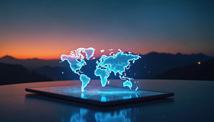 A glowing digital map floats above a tablet device. The world map shines with blue light set against a blurred sunset mountain range. Tech meets nature in this visualization.