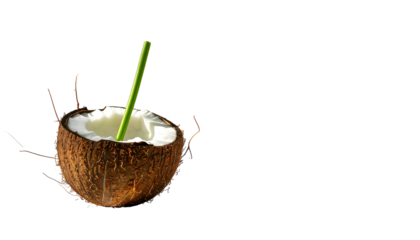 Half coconut shell filled with white liquid, green straw, set against black background
