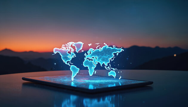 A glowing digital map floats above a tablet device. The world map shines with blue light set against a blurred sunset mountain range. Tech meets nature in this visualization.