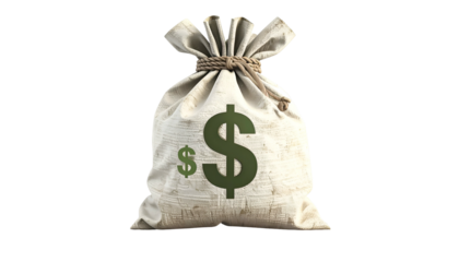 A burlap sack, tied at the top, features large dollar signs, implying wealth or finance