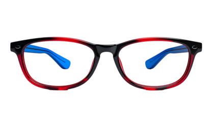 Eye-level shot of eyeglasses with black frames, red inner rim, and blue arms against black