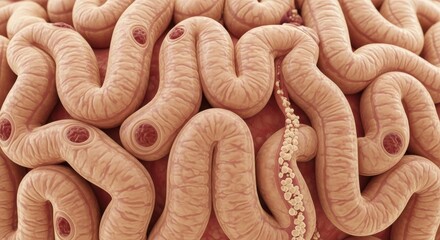 Intricate anatomical illustration of the human intestinal tract showcasing anatomical detail with