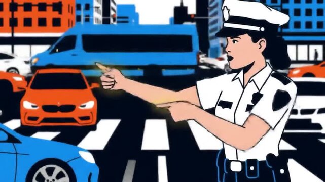Police Officer Directing Traffic in Busy City Street.