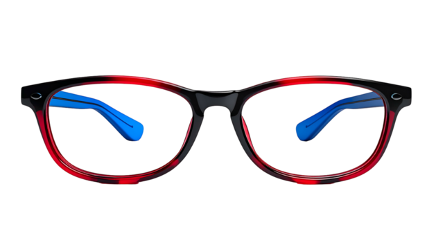 Eye-level shot of eyeglasses with black frames, red inner rim, and blue arms against black