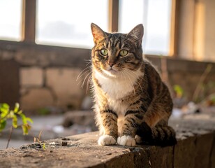 Obraz premium A tabby cat with captivating green eyes sits on a ledge near a window. The light bathes its fur as it looks directly at the camera