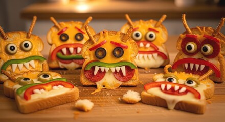 Obraz premium Monster toast with cheese, vegetables, and pretzels for a fun and spooky halloween treat, perfect for kids party snacks