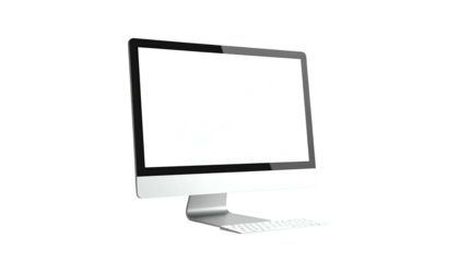 A silver computer monitor angled, blank white screen, isolated against a black background
