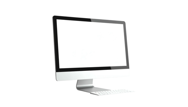 A silver computer monitor angled, blank white screen, isolated against a black background