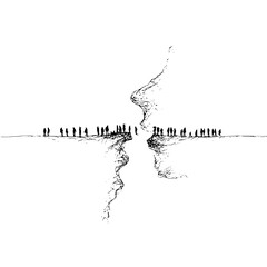 Silhouetted figures stand on opposing cliffs separated by a chasm in a stark black and white landscape