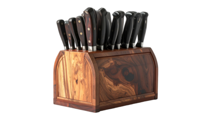 Walnut block holds assortment of culinary knives, dark wood