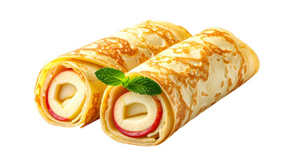 Two rolled crepes with filling, garnished with mint on a dark background