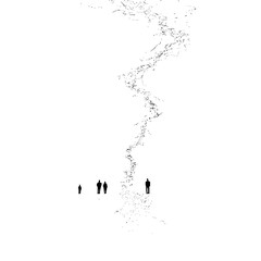 Silhouetted figures standing near a winding abstract line on a stark white background creating contrast and depth