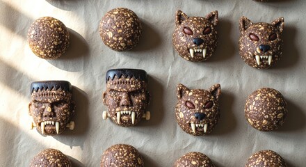 Fototapeta premium Overhead shot of halloween monster energy balls on parchment paper, featuring frankenstein and werewolf designs, perfect for a healthy treat