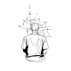 A sketch of a person from behind with lines and dots above their head connecting in a network pattern