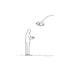 A person facing an eye like object suspended above them in a minimalist black and white illustration